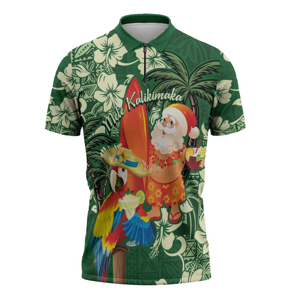 Moss Green Tropical Christmas Hawaii Tapa Zipper Polo Shirt Aloha Santa Drink Party LT7 Green - Polynesian Pride