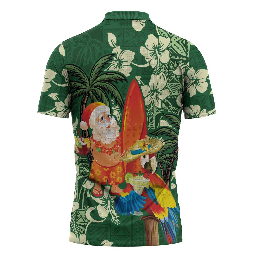 Moss Green Tropical Christmas Hawaii Tapa Zipper Polo Shirt Aloha Santa Drink Party LT7 - Polynesian Pride