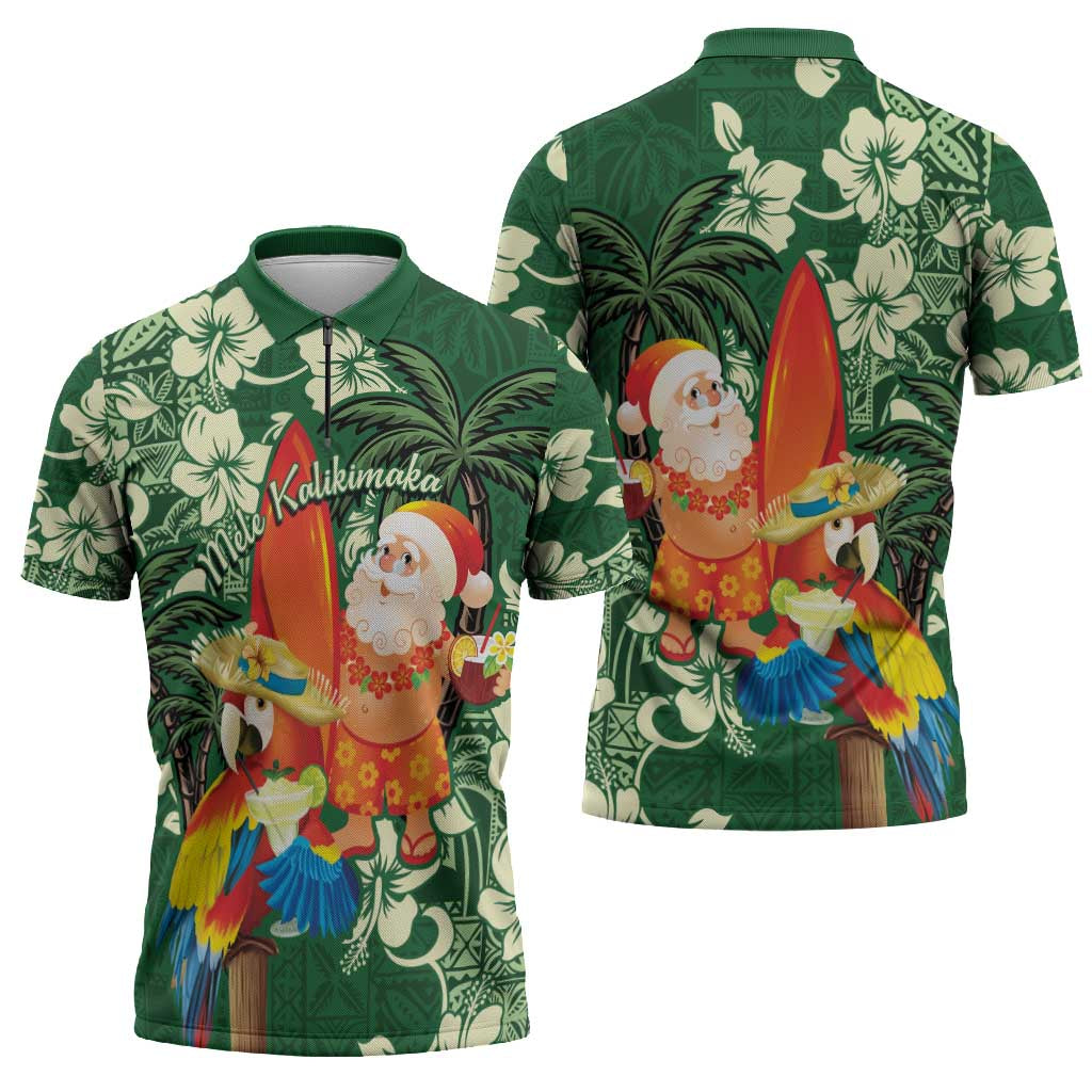 Moss Green Tropical Christmas Hawaii Tapa Zipper Polo Shirt Aloha Santa Drink Party LT7 - Polynesian Pride