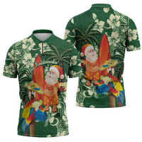 Moss Green Tropical Christmas Hawaii Tapa Zipper Polo Shirt Aloha Santa Drink Party LT7 - Polynesian Pride