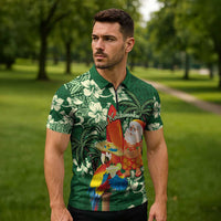 Moss Green Tropical Christmas Hawaii Tapa Zipper Polo Shirt Aloha Santa Drink Party LT7 - Polynesian Pride