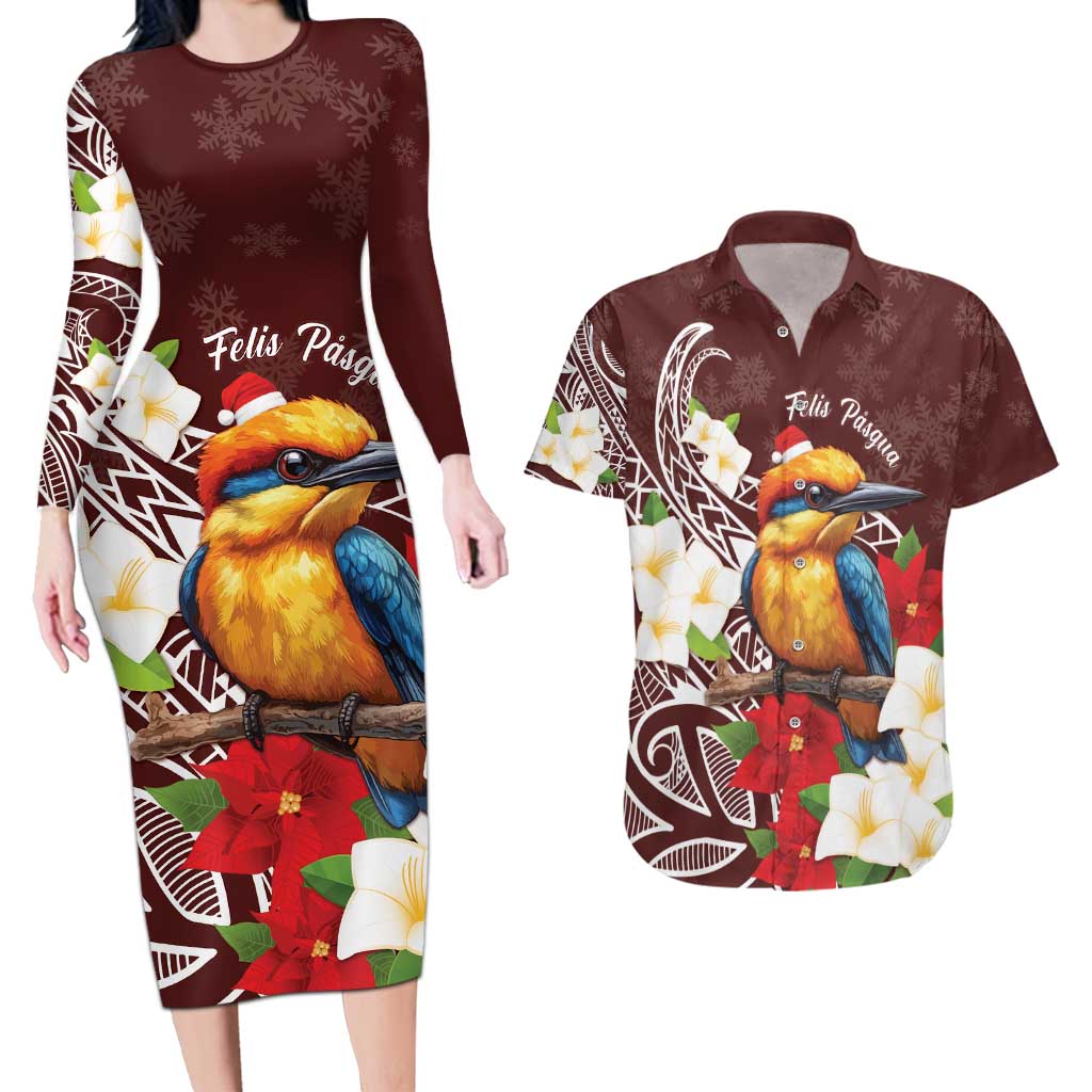 Felis Pasgua Guam Couples Matching Long Sleeve Bodycon Dress and Hawaiian Shirt Christmas Sihek Kingfisher with Guasali LT7 Crimson - Polynesian Pride