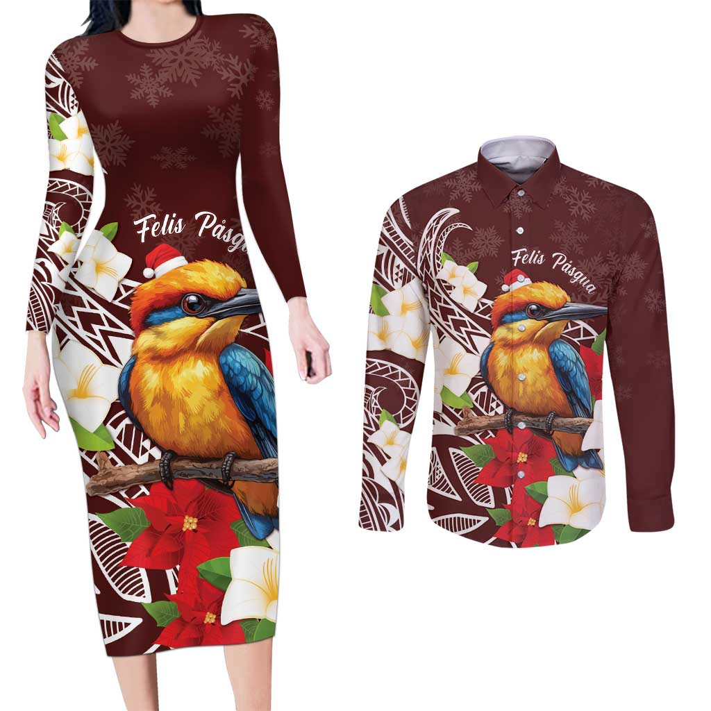 Felis Pasgua Guam Couples Matching Long Sleeve Bodycon Dress and Long Sleeve Button Shirt Christmas Sihek Kingfisher with Guasali LT7 Crimson - Polynesian Pride