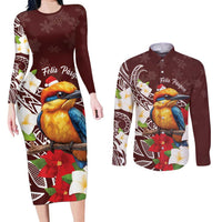 Felis Pasgua Guam Couples Matching Long Sleeve Bodycon Dress and Long Sleeve Button Shirt Christmas Sihek Kingfisher with Guasali LT7 Crimson - Polynesian Pride
