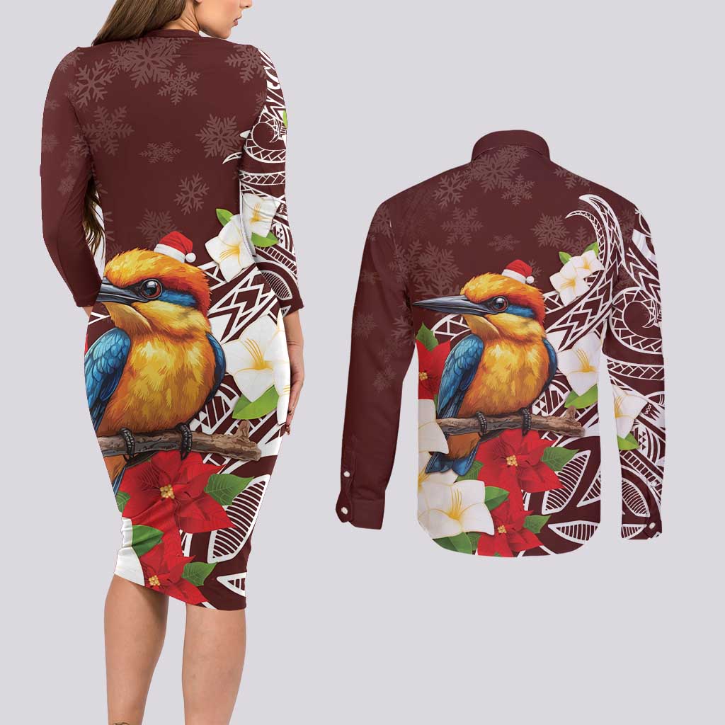 Felis Pasgua Guam Couples Matching Long Sleeve Bodycon Dress and Long Sleeve Button Shirt Christmas Sihek Kingfisher with Guasali LT7 - Polynesian Pride