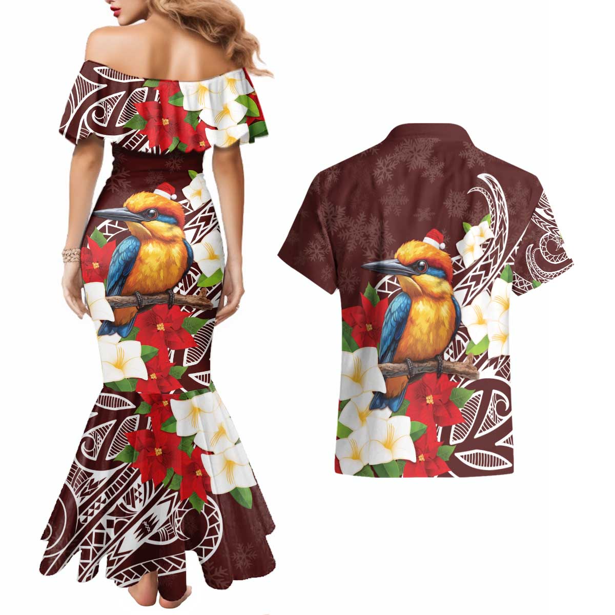 Felis Pasgua Guam Couples Matching Mermaid Dress and Hawaiian Shirt Christmas Sihek Kingfisher with Guasali LT7 - Polynesian Pride