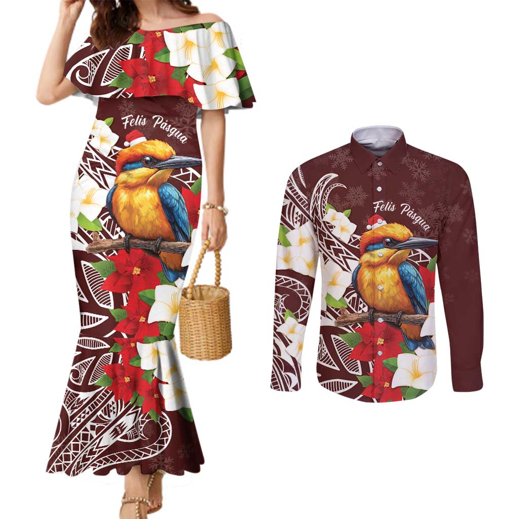 Felis Pasgua Guam Couples Matching Mermaid Dress and Long Sleeve Button Shirt Christmas Sihek Kingfisher with Guasali LT7 Crimson - Polynesian Pride