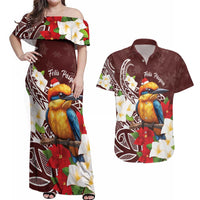 Felis Pasgua Guam Couples Matching Off Shoulder Maxi Dress and Hawaiian Shirt Christmas Sihek Kingfisher with Guasali LT7 Crimson - Polynesian Pride