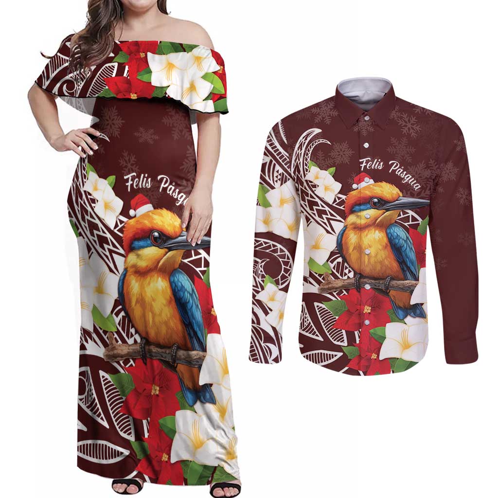 Felis Pasgua Guam Couples Matching Off Shoulder Maxi Dress and Long Sleeve Button Shirt Christmas Sihek Kingfisher with Guasali LT7 Crimson - Polynesian Pride