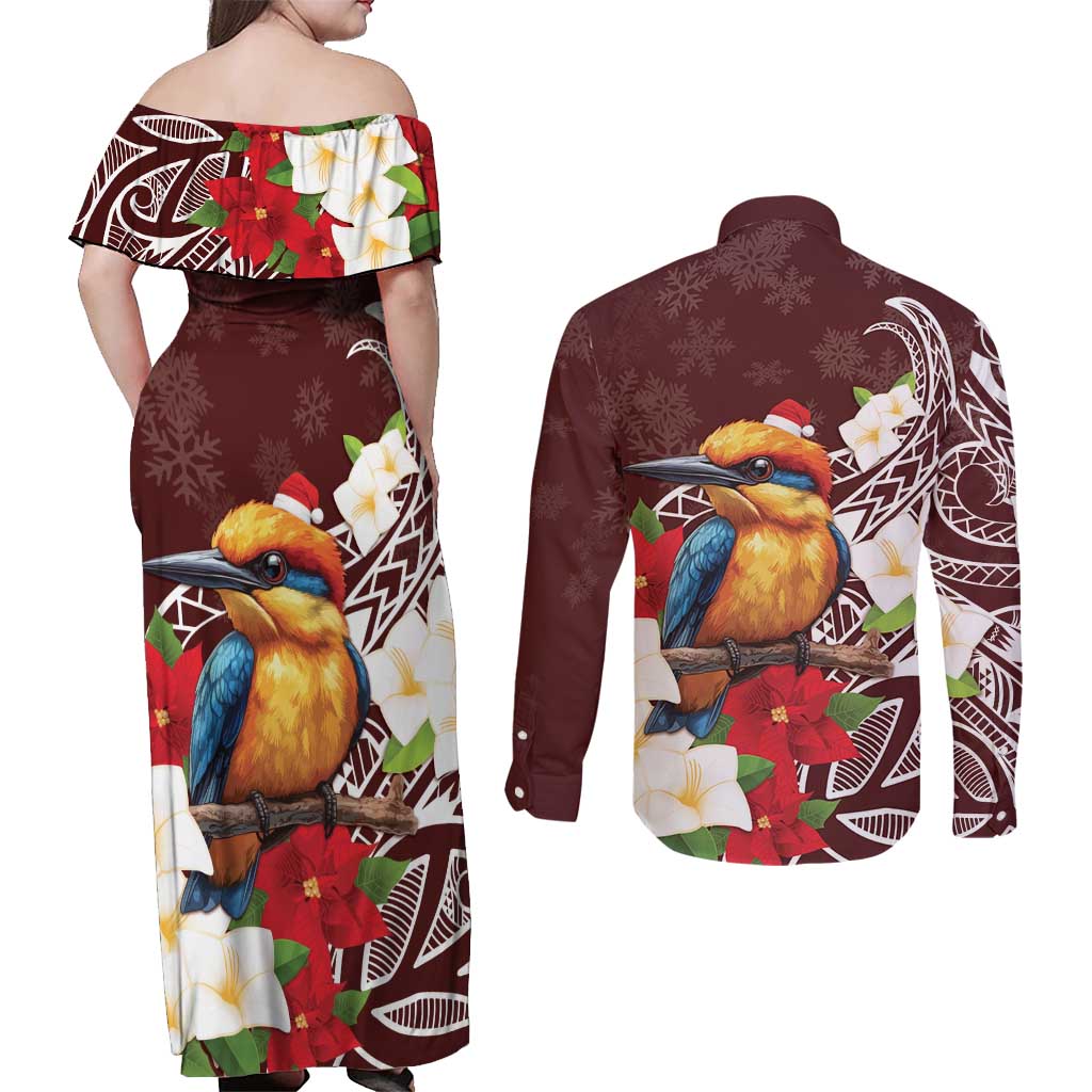 Felis Pasgua Guam Couples Matching Off Shoulder Maxi Dress and Long Sleeve Button Shirt Christmas Sihek Kingfisher with Guasali LT7 - Polynesian Pride