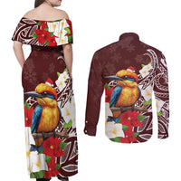 Felis Pasgua Guam Couples Matching Off Shoulder Maxi Dress and Long Sleeve Button Shirt Christmas Sihek Kingfisher with Guasali LT7 - Polynesian Pride