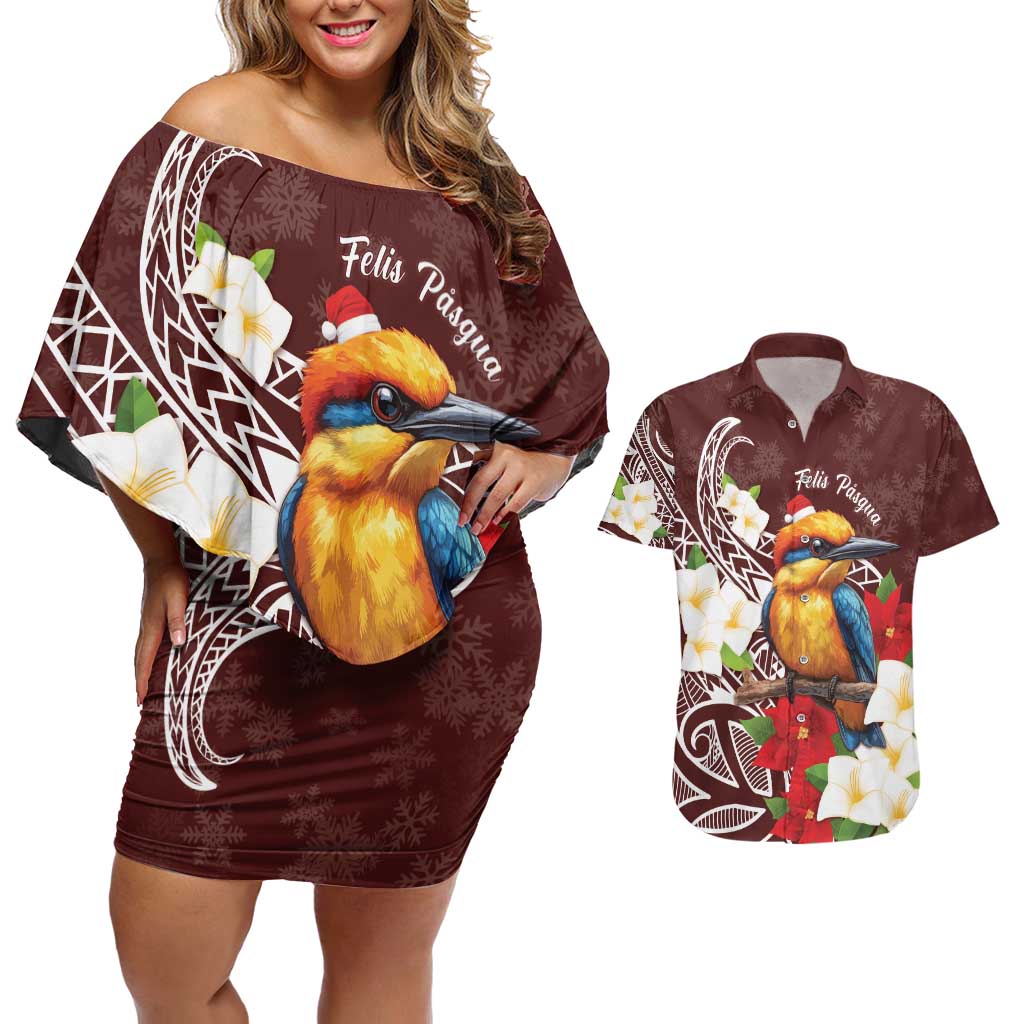 Felis Pasgua Guam Couples Matching Off Shoulder Short Dress and Hawaiian Shirt Christmas Sihek Kingfisher with Guasali LT7 Crimson - Polynesian Pride