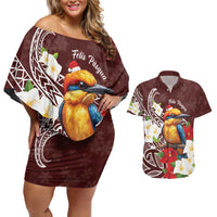 Felis Pasgua Guam Couples Matching Off Shoulder Short Dress and Hawaiian Shirt Christmas Sihek Kingfisher with Guasali LT7 Crimson - Polynesian Pride