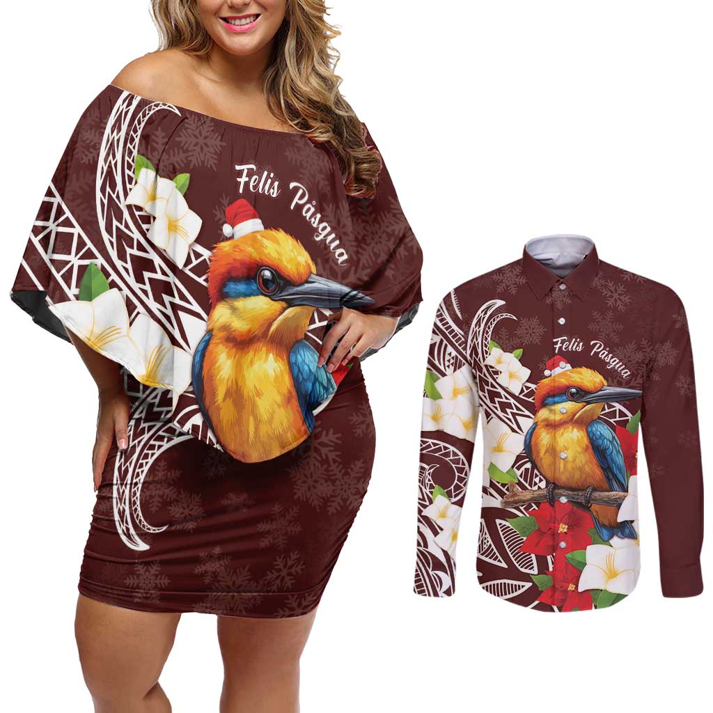 Felis Pasgua Guam Couples Matching Off Shoulder Short Dress and Long Sleeve Button Shirt Christmas Sihek Kingfisher with Guasali LT7 Crimson - Polynesian Pride