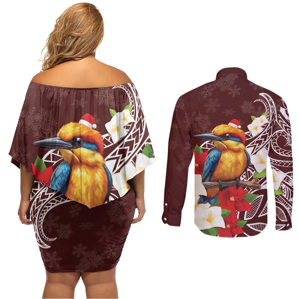 Felis Pasgua Guam Couples Matching Off Shoulder Short Dress and Long Sleeve Button Shirt Christmas Sihek Kingfisher with Guasali LT7 - Polynesian Pride