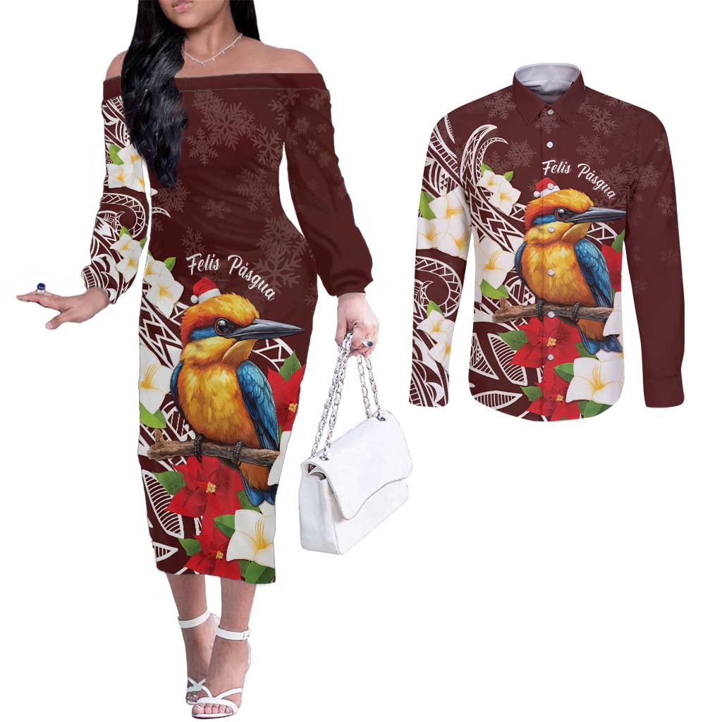 Felis Pasgua Guam Couples Matching Off The Shoulder Long Sleeve Dress and Long Sleeve Button Shirt Christmas Sihek Kingfisher with Guasali LT7 Crimson - Polynesian Pride