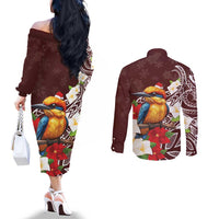 Felis Pasgua Guam Couples Matching Off The Shoulder Long Sleeve Dress and Long Sleeve Button Shirt Christmas Sihek Kingfisher with Guasali LT7 - Polynesian Pride