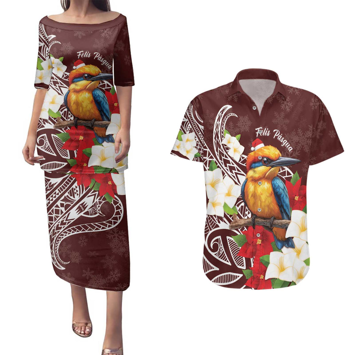 Felis Pasgua Guam Couples Matching Puletasi and Hawaiian Shirt Christmas Sihek Kingfisher with Guasali LT7 Crimson - Polynesian Pride