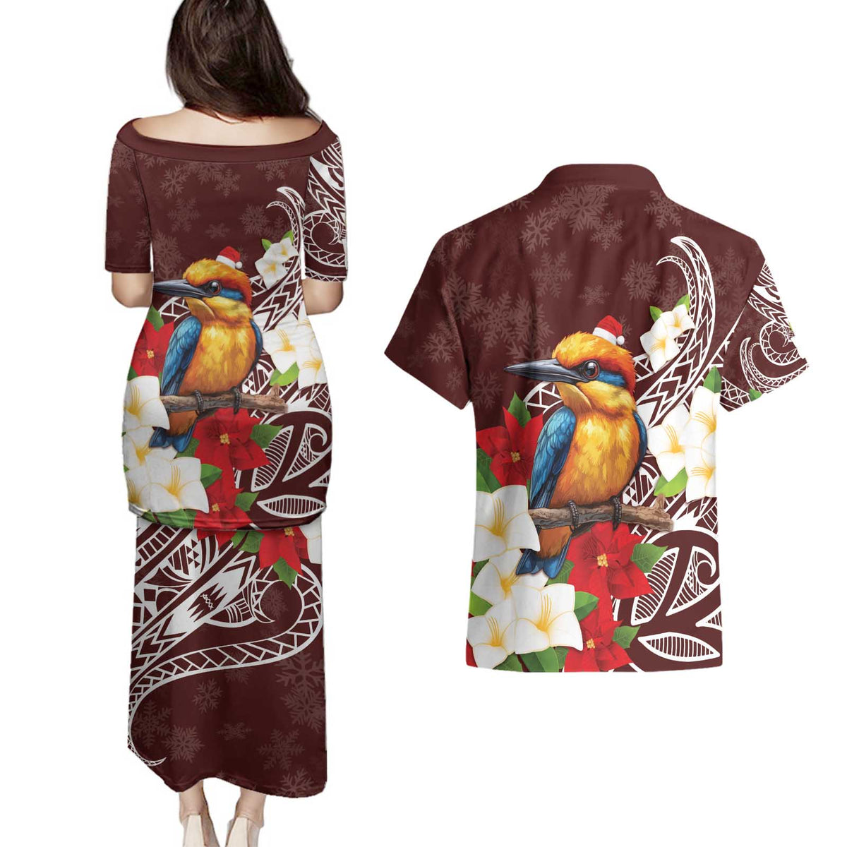 Felis Pasgua Guam Couples Matching Puletasi and Hawaiian Shirt Christmas Sihek Kingfisher with Guasali LT7 - Polynesian Pride
