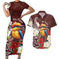 Felis Pasgua Guam Couples Matching Short Sleeve Bodycon Dress and Hawaiian Shirt Christmas Sihek Kingfisher with Guasali LT7 Crimson - Polynesian Pride