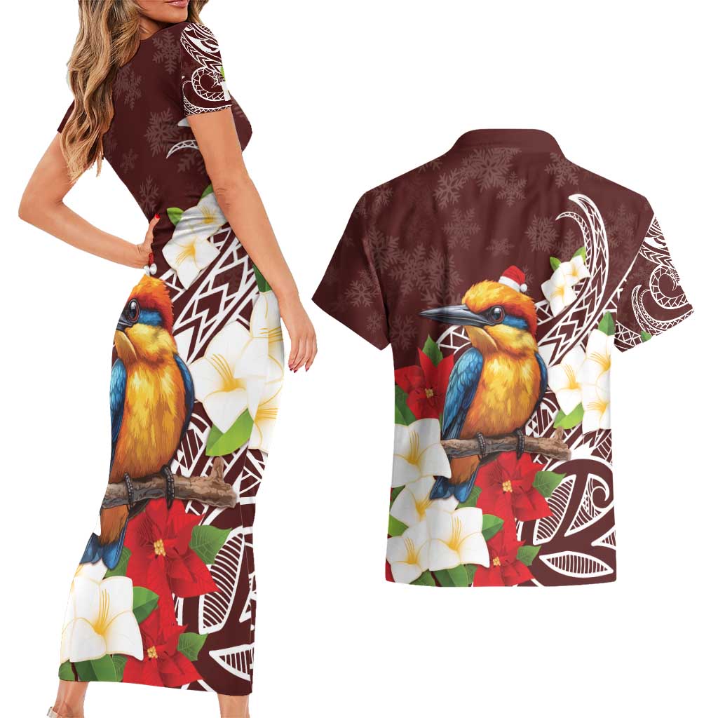 Felis Pasgua Guam Couples Matching Short Sleeve Bodycon Dress and Hawaiian Shirt Christmas Sihek Kingfisher with Guasali LT7 - Polynesian Pride
