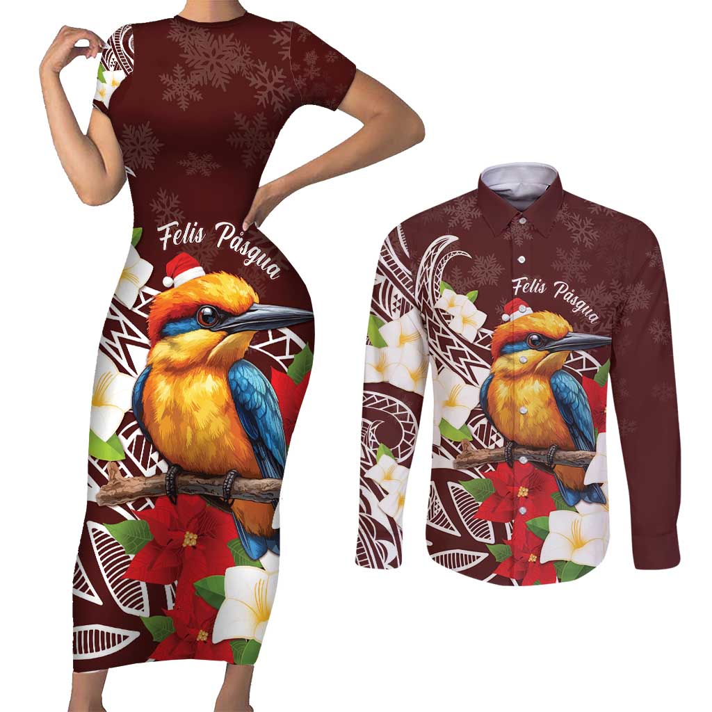 Felis Pasgua Guam Couples Matching Short Sleeve Bodycon Dress and Long Sleeve Button Shirt Christmas Sihek Kingfisher with Guasali LT7 Crimson - Polynesian Pride
