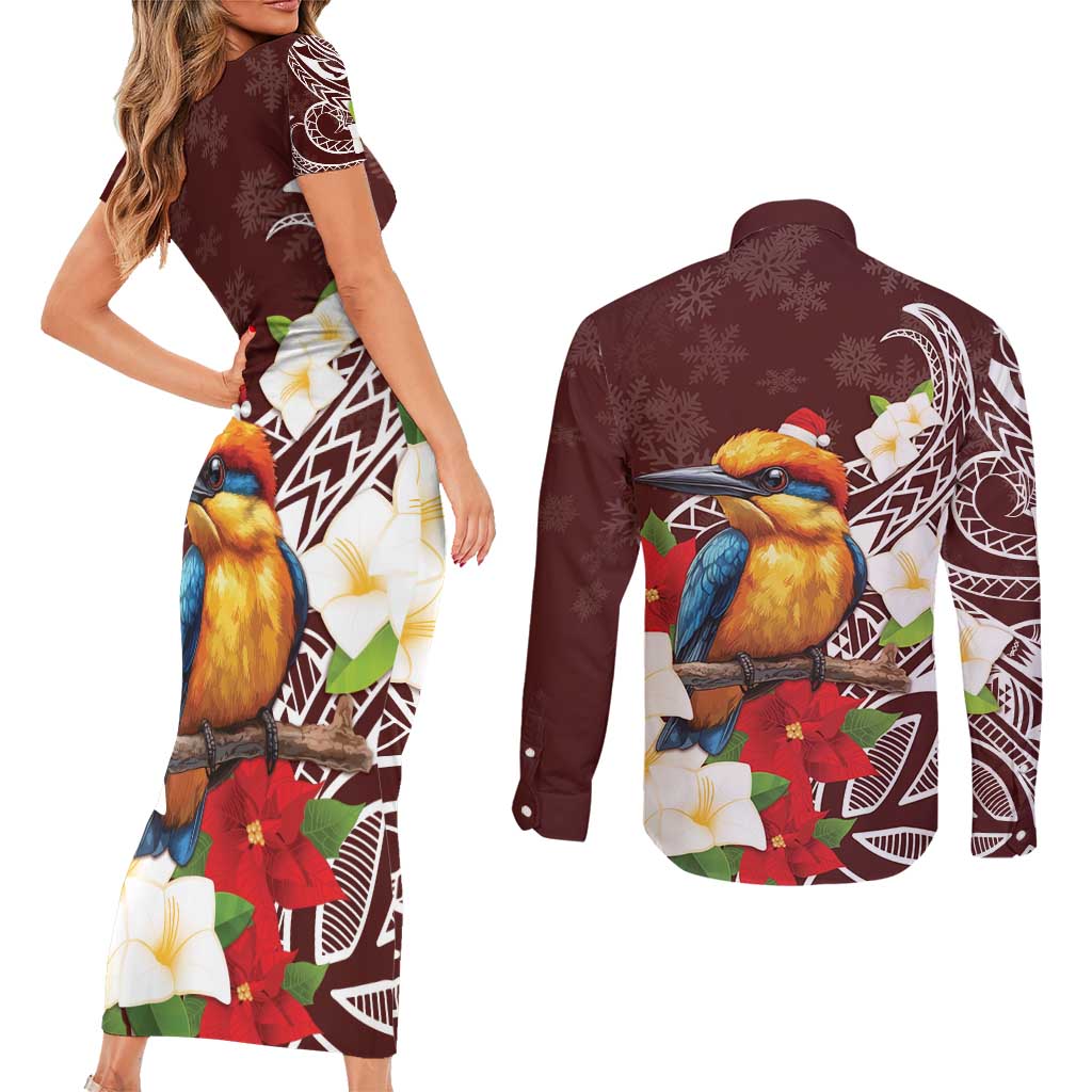 Felis Pasgua Guam Couples Matching Short Sleeve Bodycon Dress and Long Sleeve Button Shirt Christmas Sihek Kingfisher with Guasali LT7 - Polynesian Pride