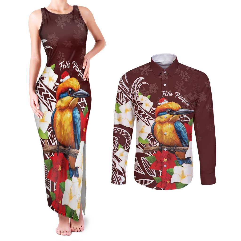 Felis Pasgua Guam Couples Matching Tank Maxi Dress and Long Sleeve Button Shirt Christmas Sihek Kingfisher with Guasali LT7 Crimson - Polynesian Pride