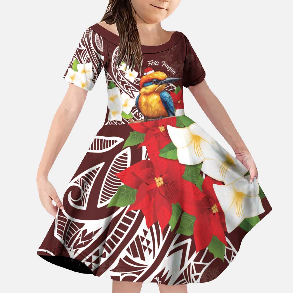 Felis Pasgua Guam Family Matching Mermaid Dress and Hawaiian Shirt Christmas Sihek Kingfisher with Guasali LT7 Daughter's Dress Crimson - Polynesian Pride