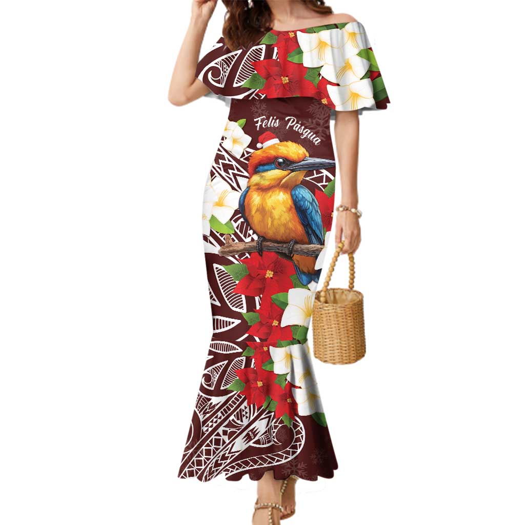 Felis Pasgua Guam Family Matching Mermaid Dress and Hawaiian Shirt Christmas Sihek Kingfisher with Guasali LT7 Mom's Dress Crimson - Polynesian Pride