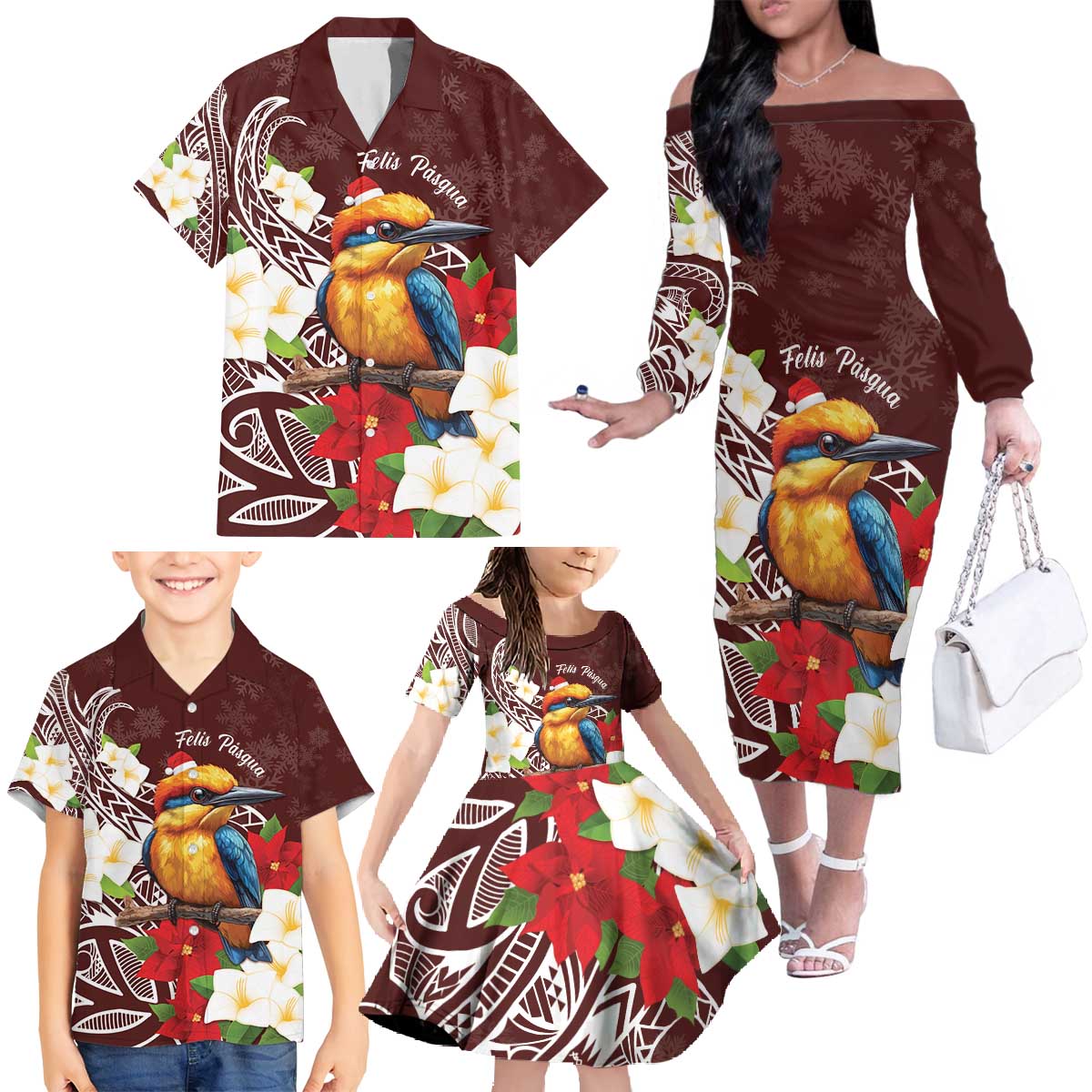 Felis Pasgua Guam Family Matching Off The Shoulder Long Sleeve Dress and Hawaiian Shirt Christmas Sihek Kingfisher with Guasali LT7 - Polynesian Pride