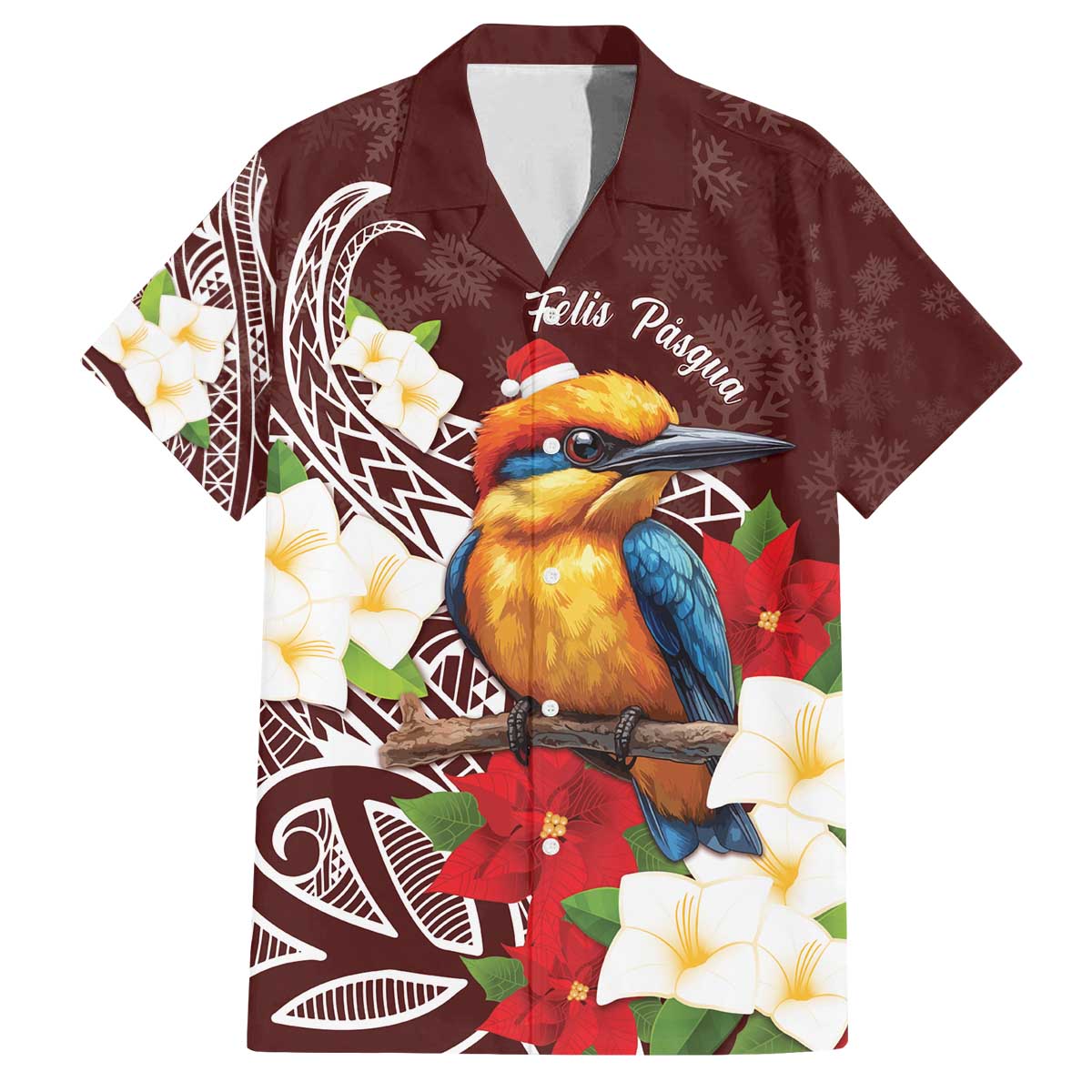Felis Pasgua Guam Family Matching Off The Shoulder Long Sleeve Dress and Hawaiian Shirt Christmas Sihek Kingfisher with Guasali LT7 Dad's Shirt - Short Sleeve Crimson - Polynesian Pride