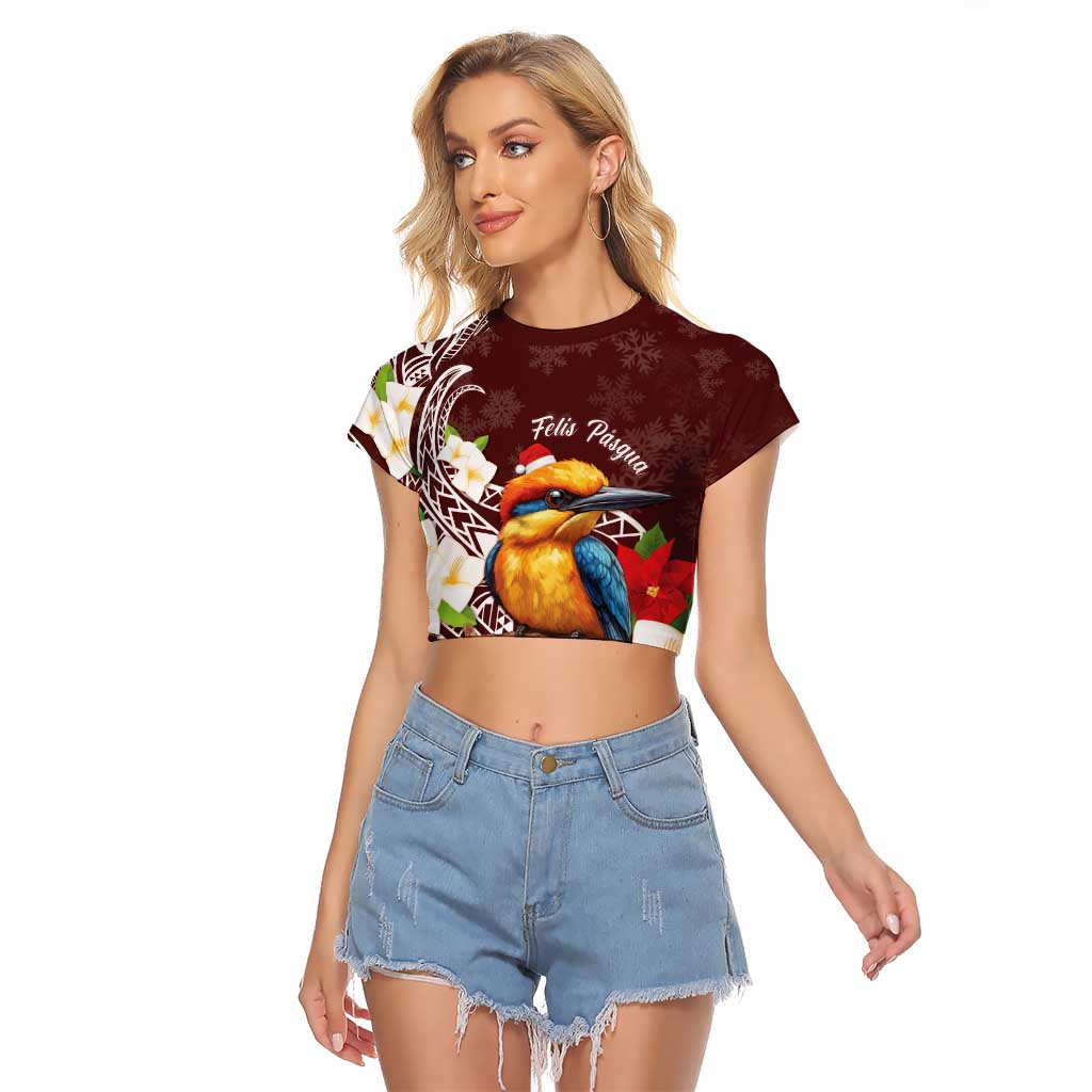 Felis Pasgua Guam Raglan Cropped T Shirt Christmas Sihek Kingfisher with Guasali LT7 Female Crimson - Polynesian Pride