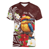 Felis Pasgua Guam Women V-Neck T-Shirt Christmas Sihek Kingfisher with Guasali LT7 Female Crimson - Polynesian Pride