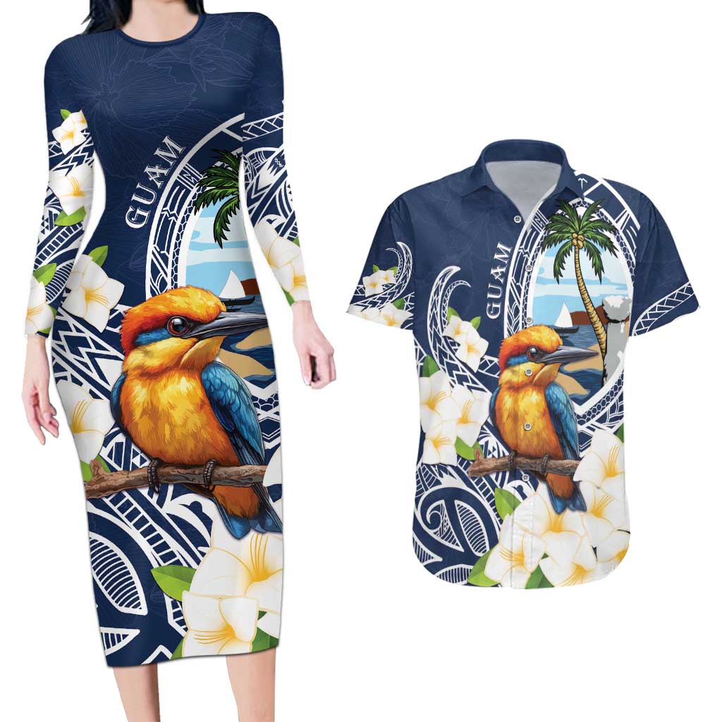 Hafa Adai Guam Couples Matching Long Sleeve Bodycon Dress and Hawaiian Shirt Sihek Guam Kingfisher with Guasali LT7 Navy Blue - Polynesian Pride