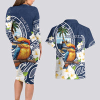 Hafa Adai Guam Couples Matching Long Sleeve Bodycon Dress and Hawaiian Shirt Sihek Guam Kingfisher with Guasali LT7 - Polynesian Pride