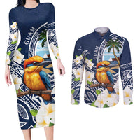 Hafa Adai Guam Couples Matching Long Sleeve Bodycon Dress and Long Sleeve Button Shirt Sihek Guam Kingfisher with Guasali LT7 Navy Blue - Polynesian Pride