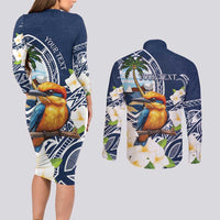 Hafa Adai Guam Couples Matching Long Sleeve Bodycon Dress and Long Sleeve Button Shirt Sihek Guam Kingfisher with Guasali LT7 - Polynesian Pride