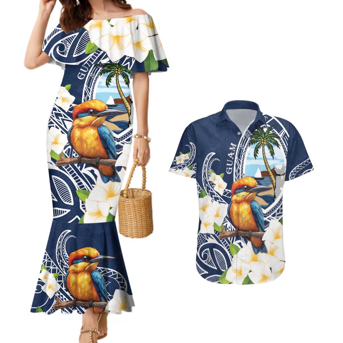 Hafa Adai Guam Couples Matching Mermaid Dress and Hawaiian Shirt Sihek Guam Kingfisher with Guasali LT7 Navy Blue - Polynesian Pride