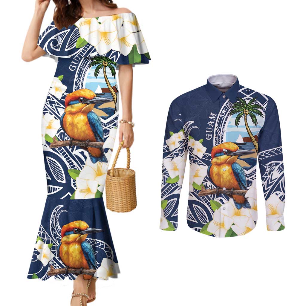 Hafa Adai Guam Couples Matching Mermaid Dress and Long Sleeve Button Shirt Sihek Guam Kingfisher with Guasali LT7 Navy Blue - Polynesian Pride