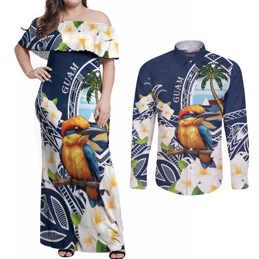 Hafa Adai Guam Couples Matching Off Shoulder Maxi Dress and Long Sleeve Button Shirt Sihek Guam Kingfisher with Guasali LT7 Navy Blue - Polynesian Pride