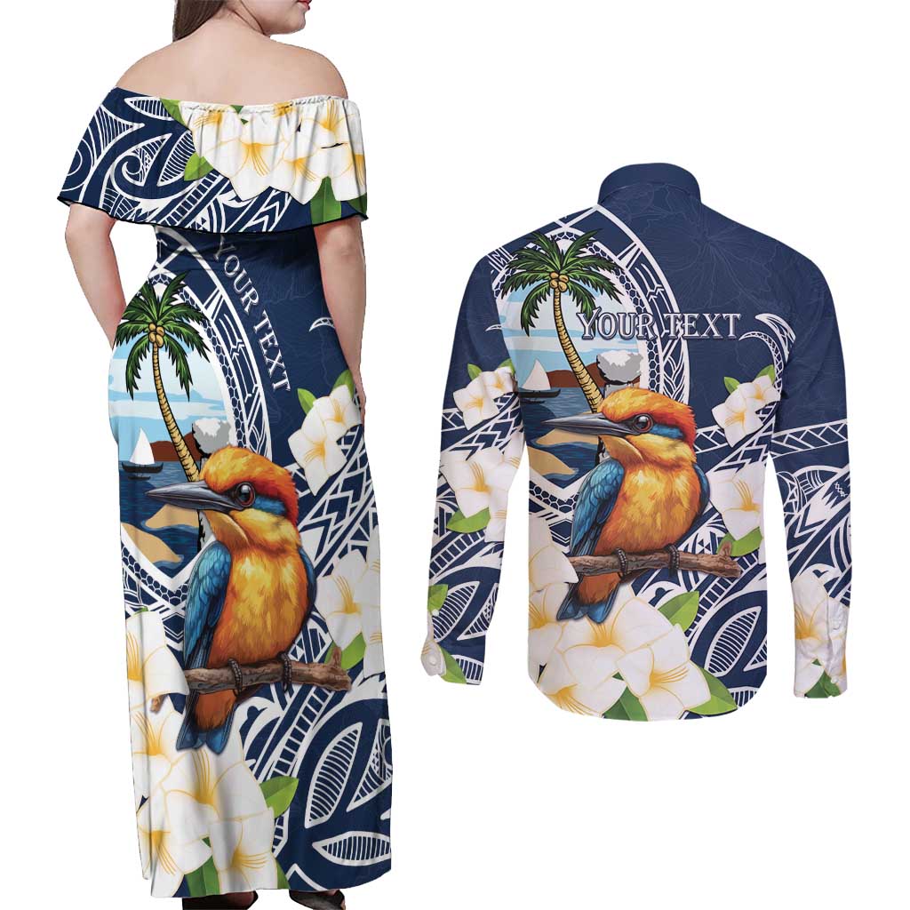 Hafa Adai Guam Couples Matching Off Shoulder Maxi Dress and Long Sleeve Button Shirt Sihek Guam Kingfisher with Guasali LT7 - Polynesian Pride