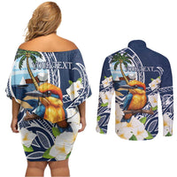 Hafa Adai Guam Couples Matching Off Shoulder Short Dress and Long Sleeve Button Shirt Sihek Guam Kingfisher with Guasali LT7 - Polynesian Pride