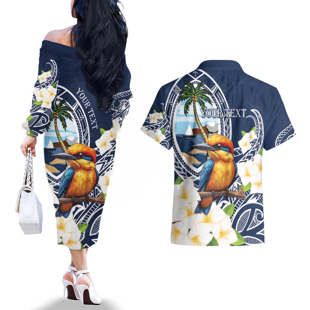 Hafa Adai Guam Couples Matching Off The Shoulder Long Sleeve Dress and Hawaiian Shirt Sihek Guam Kingfisher with Guasali LT7 - Polynesian Pride