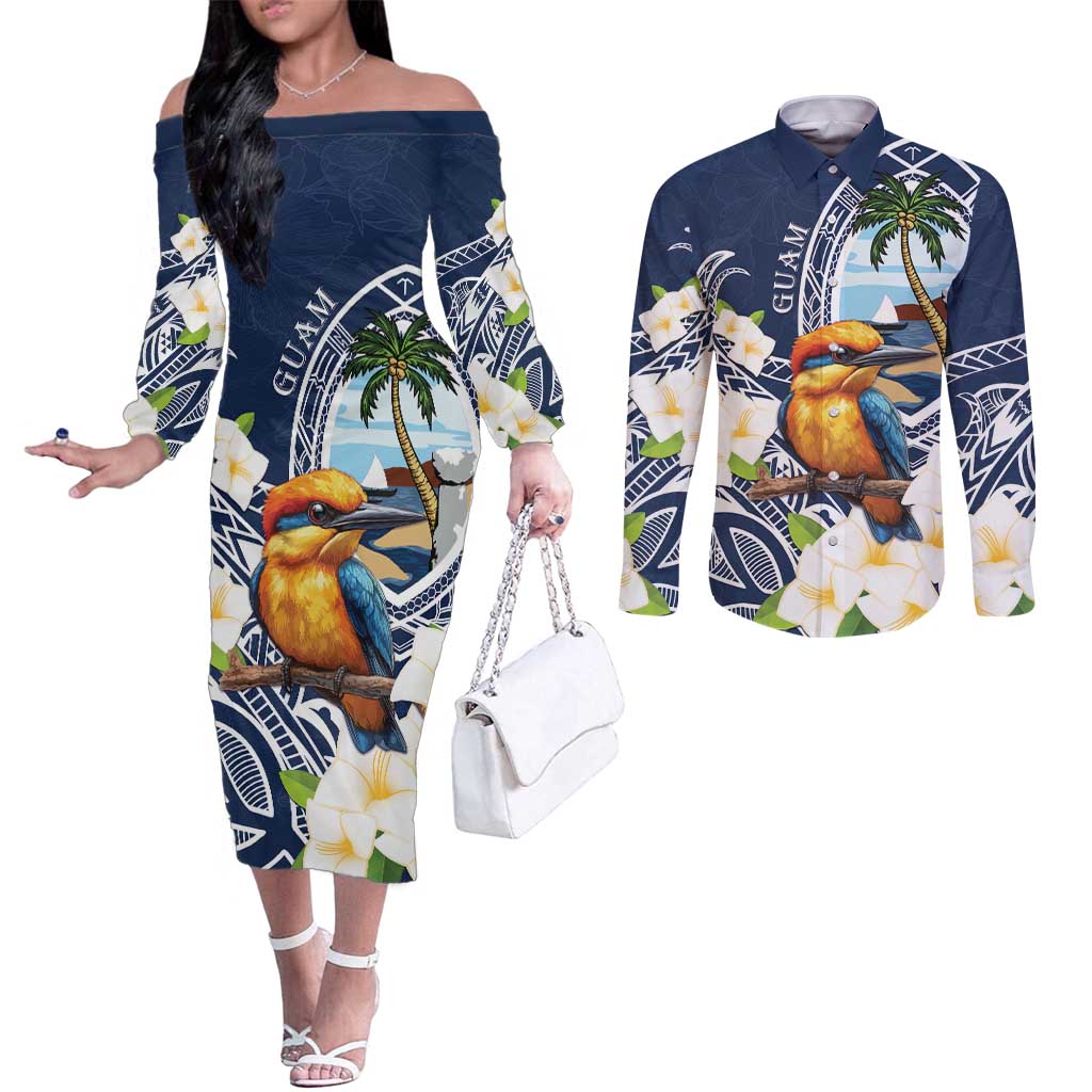 Hafa Adai Guam Couples Matching Off The Shoulder Long Sleeve Dress and Long Sleeve Button Shirt Sihek Guam Kingfisher with Guasali LT7 Navy Blue - Polynesian Pride