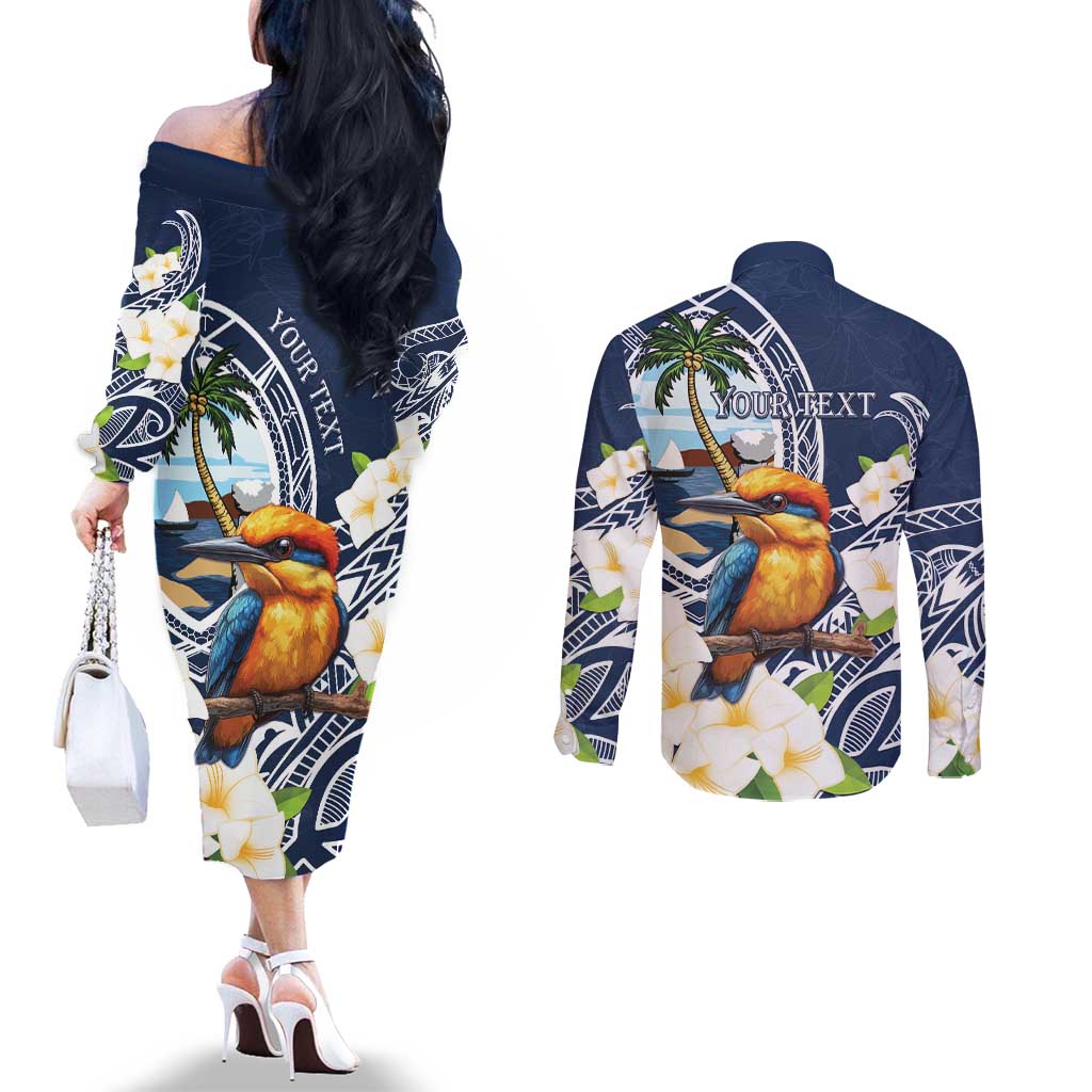 Hafa Adai Guam Couples Matching Off The Shoulder Long Sleeve Dress and Long Sleeve Button Shirt Sihek Guam Kingfisher with Guasali LT7 - Polynesian Pride