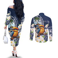 Hafa Adai Guam Couples Matching Off The Shoulder Long Sleeve Dress and Long Sleeve Button Shirt Sihek Guam Kingfisher with Guasali LT7 - Polynesian Pride