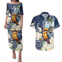 Hafa Adai Guam Couples Matching Puletasi and Hawaiian Shirt Sihek Guam Kingfisher with Guasali LT7 Navy Blue - Polynesian Pride