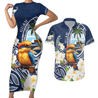 Hafa Adai Guam Couples Matching Short Sleeve Bodycon Dress and Hawaiian Shirt Sihek Guam Kingfisher with Guasali LT7 Navy Blue - Polynesian Pride