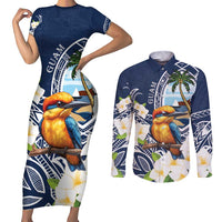 Hafa Adai Guam Couples Matching Short Sleeve Bodycon Dress and Long Sleeve Button Shirt Sihek Guam Kingfisher with Guasali LT7 Navy Blue - Polynesian Pride
